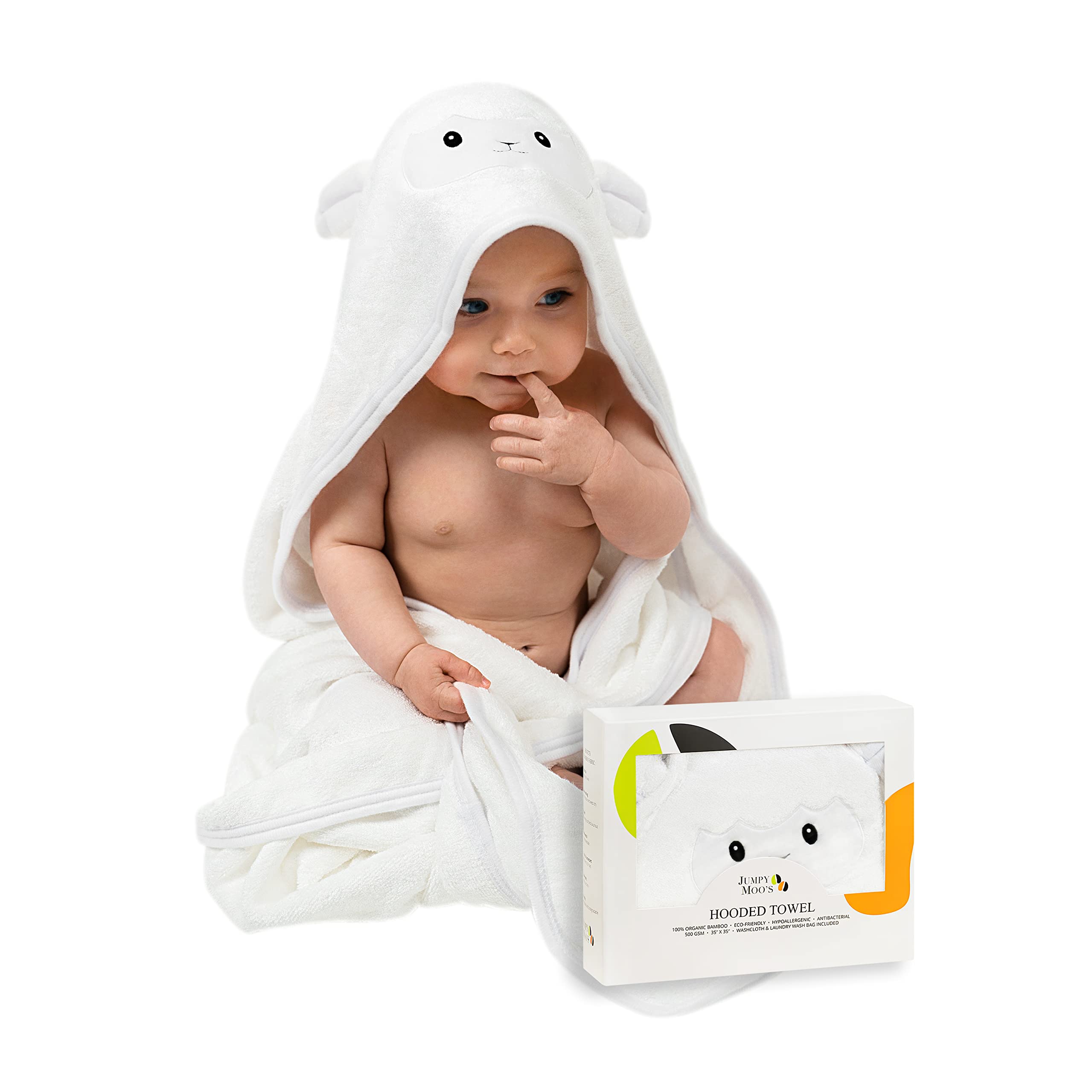 JM Premium Soft Hypoallergenic Baby Hooded Towel - 100% Organic Bamboo Baby Towels Newborn, Baby Bath Set - 35x35 inches, Cute Designs, Newborns to Kids Up to 5 Years - Lamb