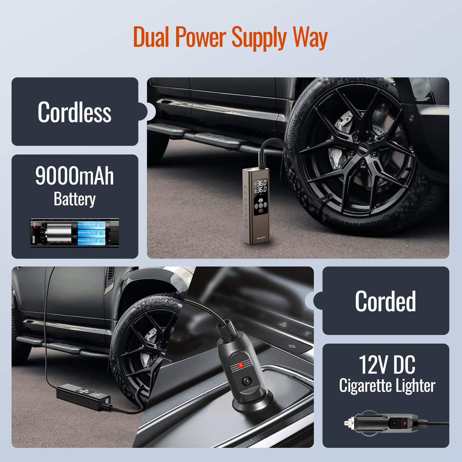 Morpilot Tire Inflator Portable Air Compressor, 2X Faster Inflation(9000mAh Battery & 12V DC Cord) Car Tire Pump with LCD Dual Display, 150PSI Electric Air Pump for Car SUV MPV RV Bike Ball