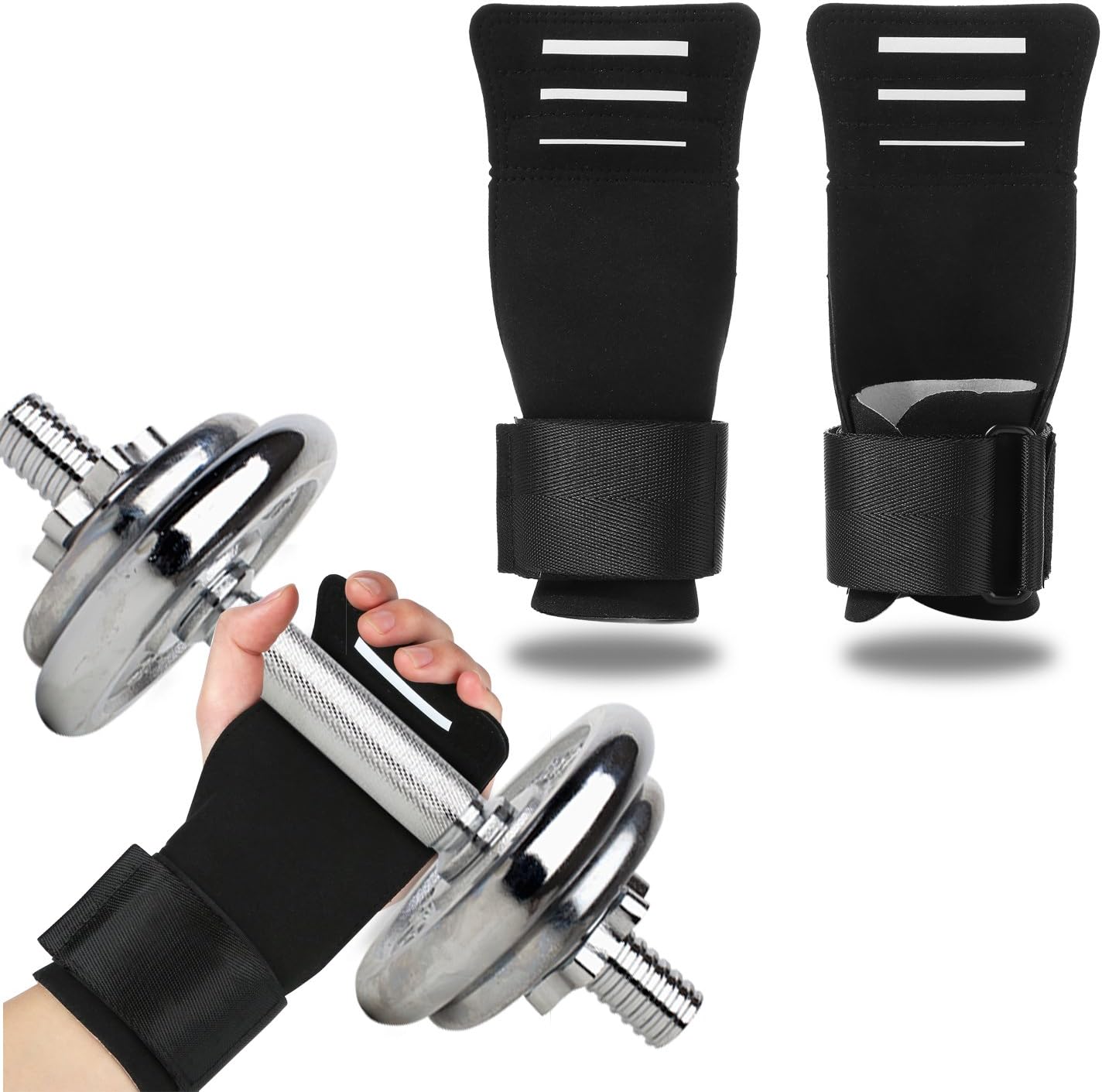 kitchenhoney Weight Lifting Gloves Hand Protector Grips Exercise Hooks Gym Pull Up Workout Straps Palm Pad Wrist Wrap for Men Women Deadlifts Bodybuilding Black