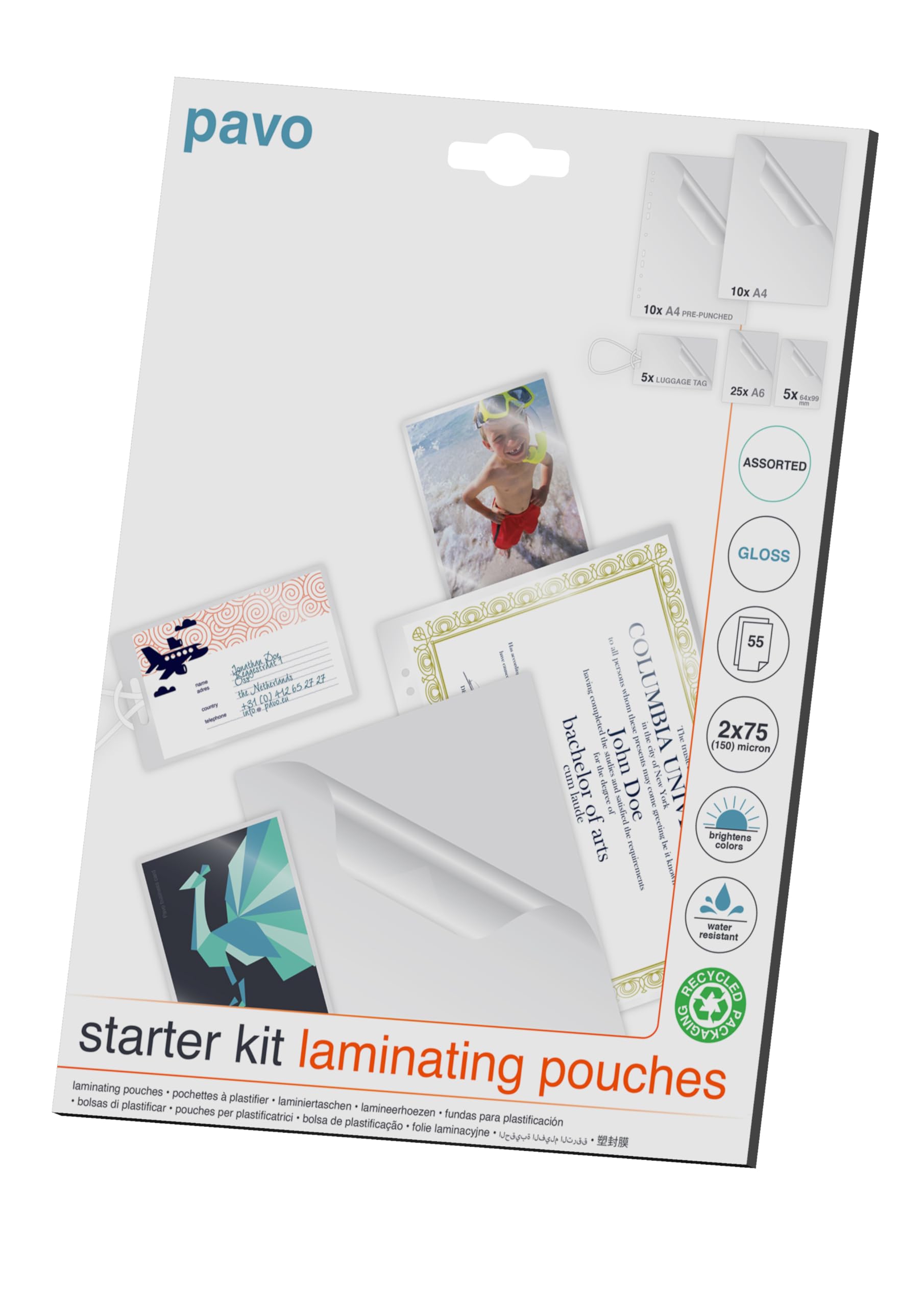 Pavo - Laminating Pouches Starterkit, 2x75 mic, Assorted Sizes, (Pack of 55) Glossy