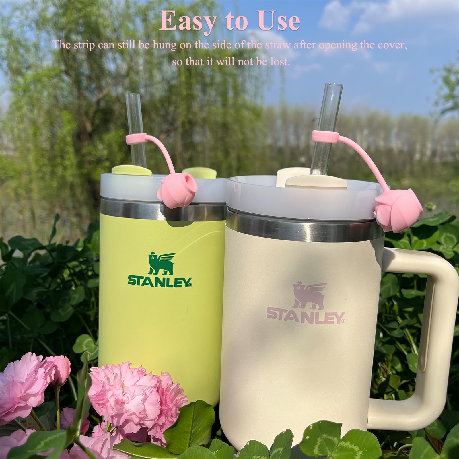 Amreich Valentines Day Straw Covers - Pink Rose Straw Toppers Romantic Stanley Cup Accessories for Girls Girlfriend