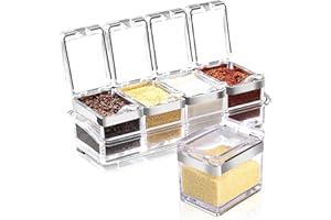 pozzolanas Kitchen Spice Pots, 4 Piece Acrylic Seasoning Box Set for Spice Salt Sugar Cruet, Clear Seasoning Rack Spice Pots Seasoning Storage Container With Spoon and Cover