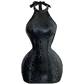 SOLY HUX Women's Snakeskin Print Halter Mini Dress PU Leather Sexy Backless Bodycon Party Club Going Out Dresses
