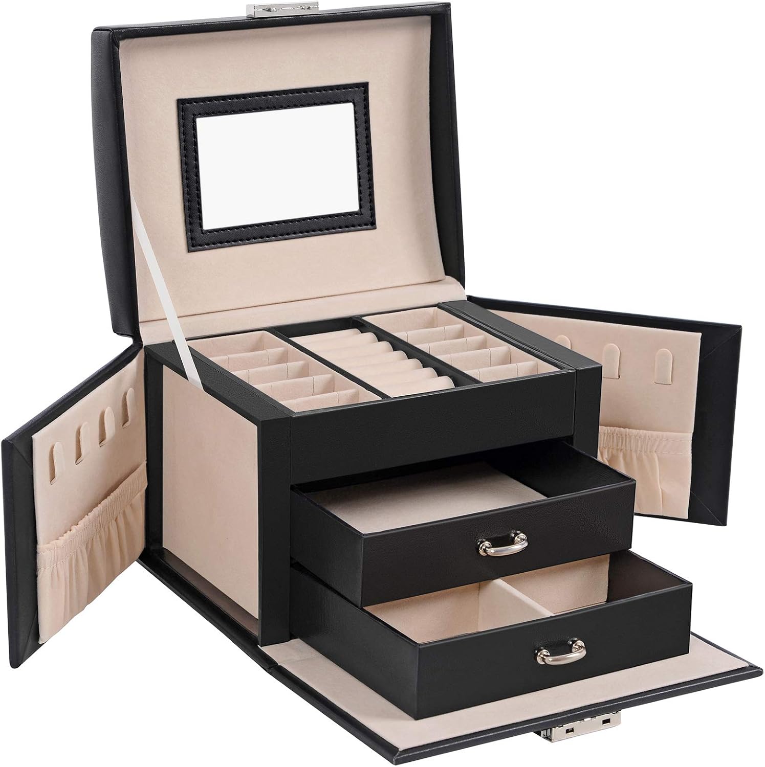 SONGMICS 3-Tier Jewellery Box, Lockable Jewellery Organiser with Handle, 2 Drawers, Travel Jewellery Case with Mirror