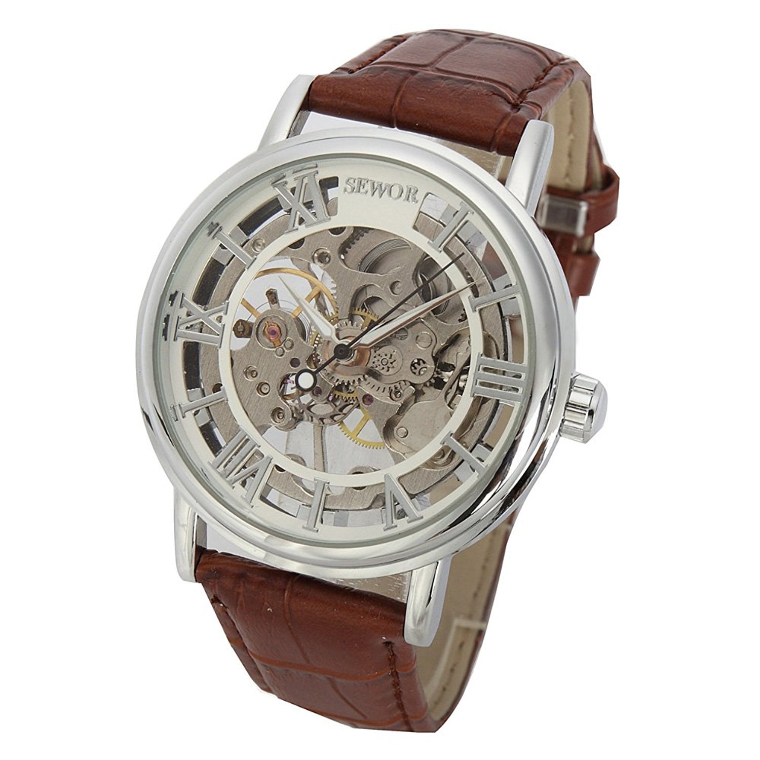 SEWOR Men's Mechanical Hand-Wind Skeleton Transparent Wrist Watch with Vintage Style (Silver White)