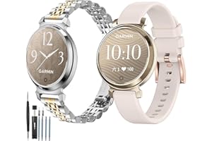 14mm Metal Band Fit for Garmin Lily 2 active/Lily 2 Women，2pcs Adjustable Stainless Steel + silicone Replacement Wristband St