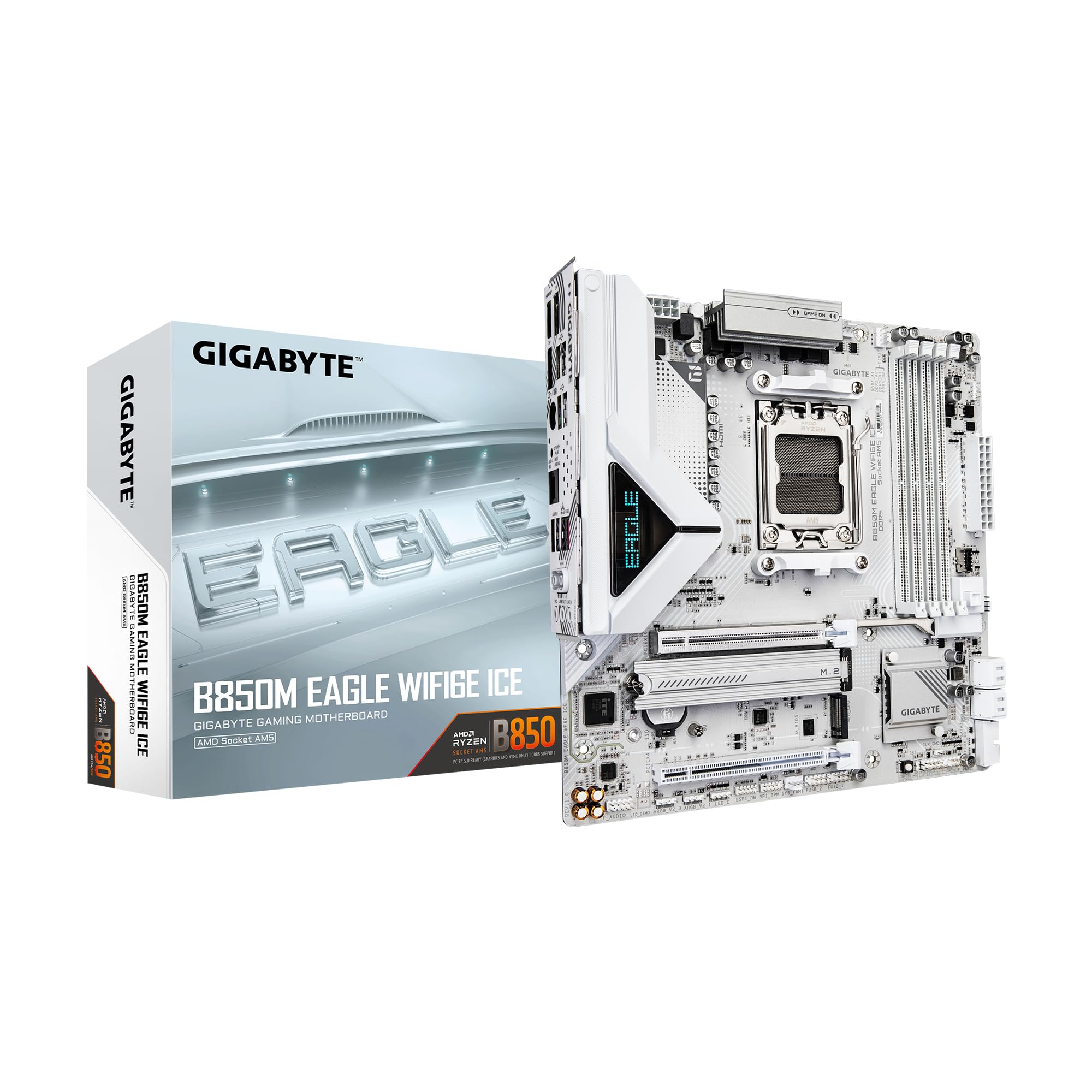 GIGABYTE B850M Eagle WIFI6E ICE AMD AM5 Motherboard, M-ATX, DDR5, 2X M.2, PCIe 5.0, USB-C, USB 3.2 Gen 2, WIFI6E, 2.5GbE LAN, EZ-Latch, Wi-Fi EZ-Plug Image