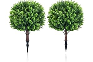 FZHCZWZX Artificial Topiary Tree with Eucalyptus, Set of 2 UV Resistant 17in Miniature Trees, Outdoor for Porch, Fake Bonsai Topiaries, Greenery Balls, Faux Shrubs for Planters, Curb Appeal Decor