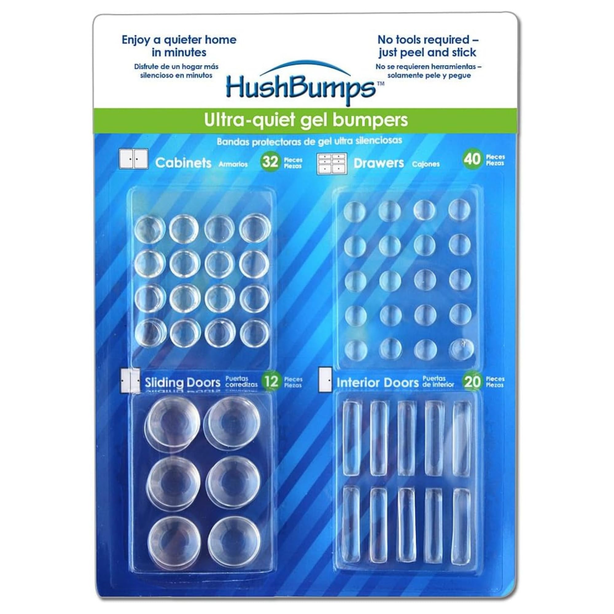 HushBumps Ultra-Quiet Gel Cabinet Bumpers – 104 Piece Variety Pack – Multi-Compound Polyurethane Absorbs Shock & Dampens Sound – Protect & Quiet Cabinets, Drawers, Interior Doors & Sliding Doors