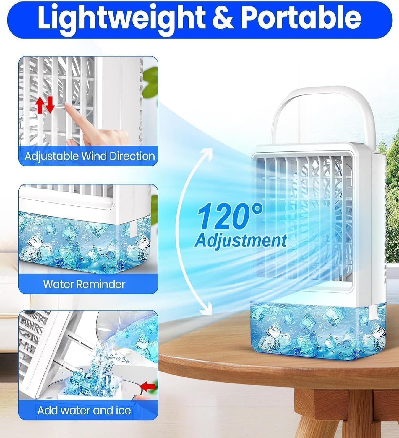 Mini Air Conditioner Portable AC Portable Air Conditioners with 1200ml spray/hour 3 Speed Wind & 7 Colorful LED Light Cool Mist &Timer Evaporative Air Cooler for Bedroom/Home/Office