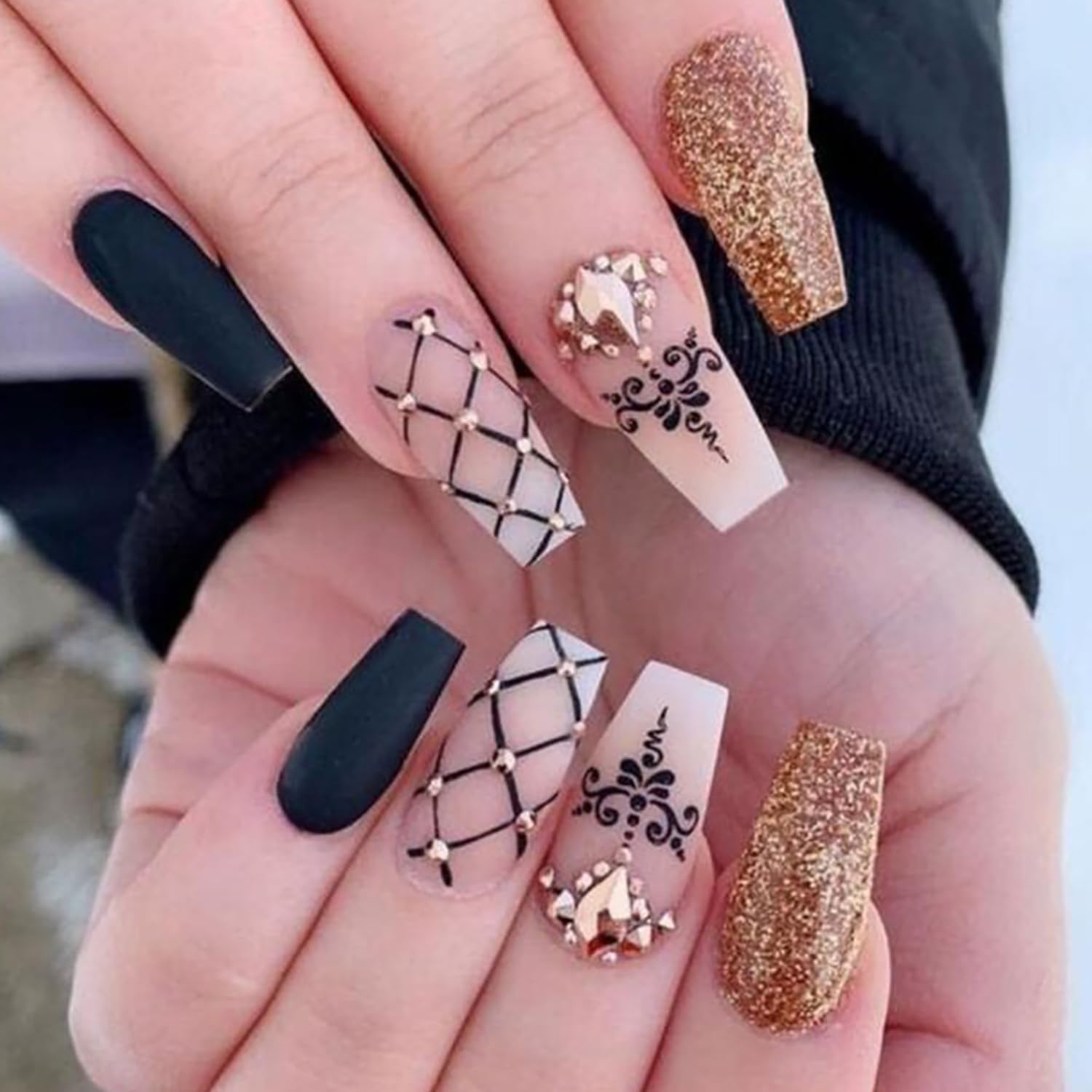 Photo 1 of 24pcs Medium Press-on Nails with Golden Rhinestones Designs, Full Cover Reusable Coffin Black Grid False Nails, Glue-on Nails for Women Set
