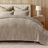 EVERGRACE Velvet Quilt Set Queen Size, Luxurious Soft Quilted Bedding Sets, Lightweight Velvet Comforter for All Season, Striped Channel Bedspread Coverlet with 2 Shams, Urban Taupe