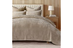 EVERGRACE Velvet Quilt Set King Size, Luxurious Soft Quilted Bedding Sets, Lightweight Velvet Comforter for All Season, Striped Channel Bedspread Coverlet with 2 Shams, Urban Taupe