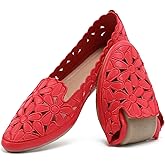 HEAWISH Women's Floral Ballet Flats for Women Black Beige Slip On Flowers PU Leather Round Toe Dress Shoes