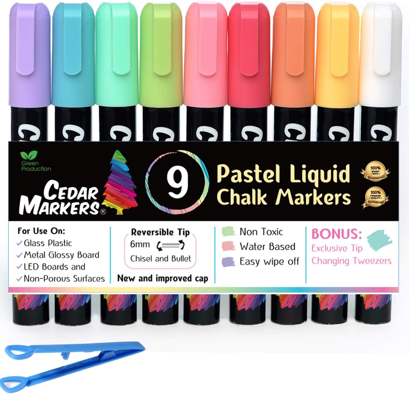 Cedar Markers Liquid Chalk Markers - 9 Pastel Pack - Color Pens Including. Dry Erase Markers for Windows, Glass, Chalkboard with Reversible Tip. (9 Pastel)