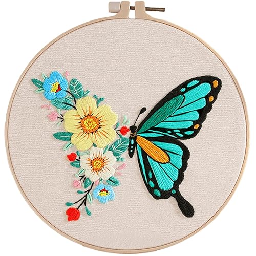Traziewell Embroidery Kits for Adults Beginners Butterfly Flower Cross Stitch Starter Kit with Hoops Embroidery Cloths with Patterns Needles Threads 0108