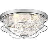 15 Inch Ceiling Light Fixtures, HWH 3-Light Modern Flush Mount Light with Brushed Nickel Finish, Water Ripple Hammered Glass 