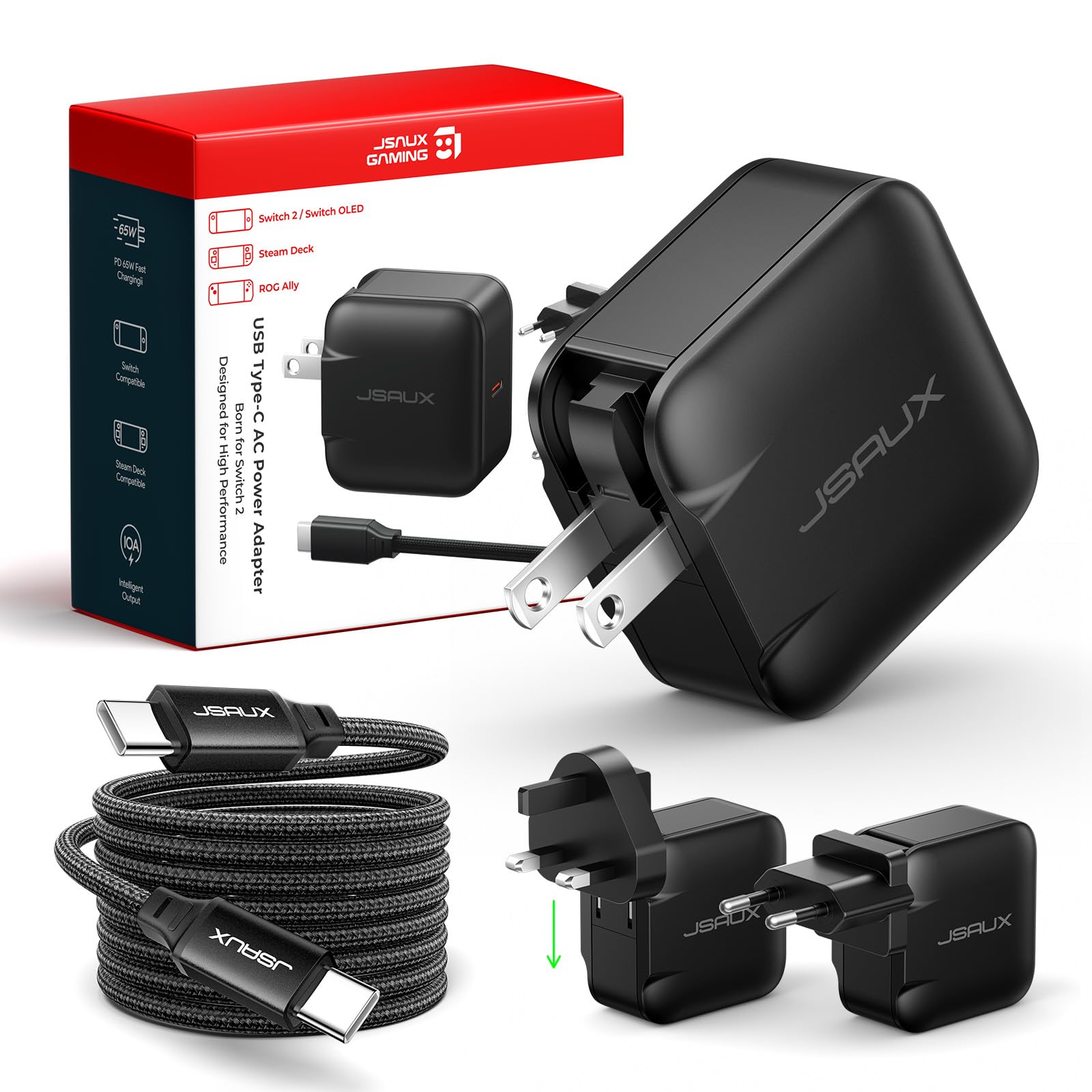 JSAUX 65W GaN USB C Charger for Nintendo Switch 2, Powers in TV Mode, with EU/UK Plug & 6.6FT Cable for ROG Xbox Ally, Steam Deck, ROG Ally, iPhone 17e/17, Galaxy S26, Tablet & Laptop – Black