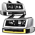 Auto Dynasty Headlights Assembly and Bumper Lamps Compatible with 2003-2024 Chevy Express GMC Savana 1500-4500, with Switchback U-LED DRL Running lights, Black Housing Clear Lens (4Pcs)