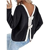 ZAFUL Sweater for Women Backless Bow Knot Decor Color Block Long Sleeves Knit Sweater Pullover