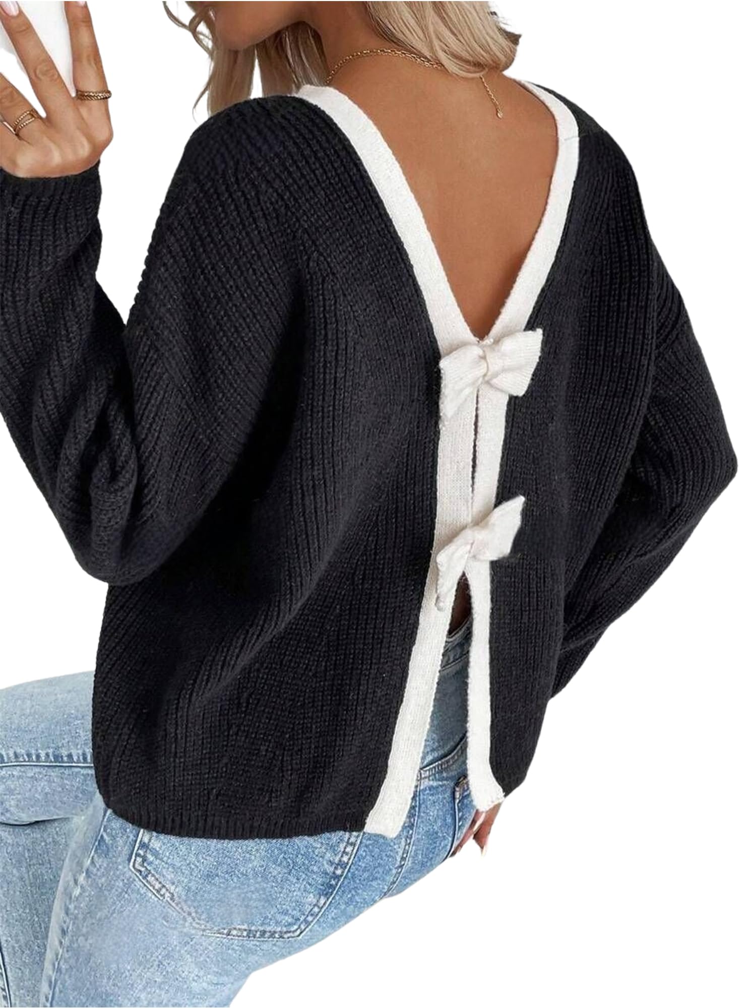 Photo 1 of ZAFUL Sweater for Women Backless Bow Knot Decor Color Block Long Sleeves Knit Sweater Pullover Black L