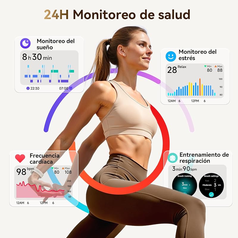 Reloj Inteligente Mujer 1.27" Smartwatch Mujer Redondo 2 Correas, Monitor de Sueño Funciones de Salud y Fitness 120+ Modos Deportivos 3ATM Impermeable para iPhone/Samsung/Android Albaricoque — foto 2 de 8