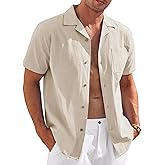 COOFANDY Mens Casual Cotton Linen Shirt Short Sleeve Button Up Shirts Summer Beach Top