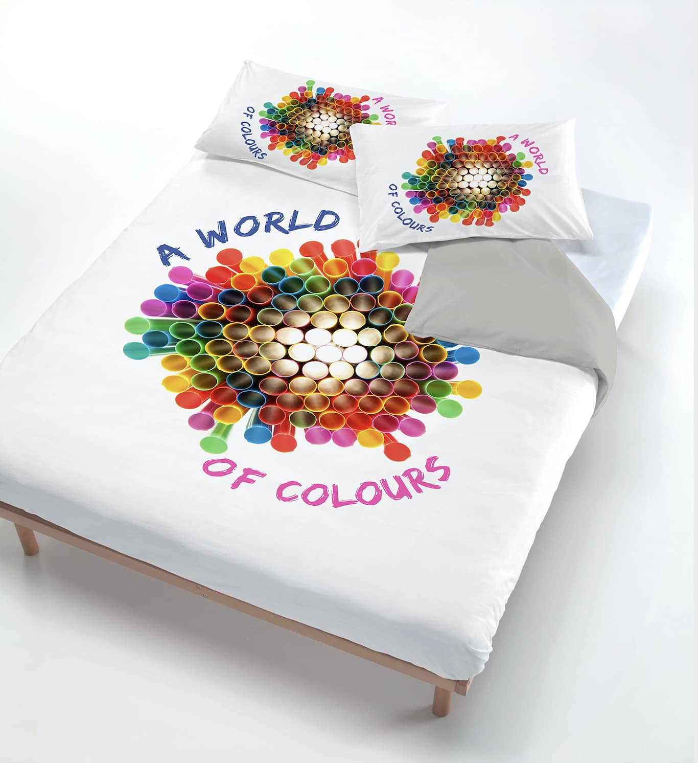 Italian Bed Linen Digital Duvet Cover Set (Bag Sheet 250x200cm + 2 Pillowcases 52x82cm),Colored Straws, Double