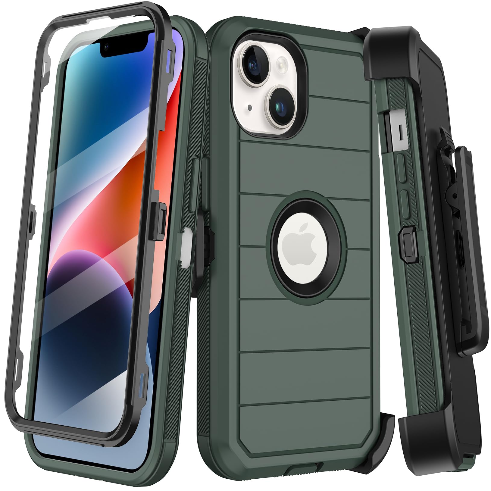 KECAI for iPhone 14 Plus Case with Belt Clip Holster,Built-in Screen Protector,Heavy Duty Shockproof Drop Protection Military Grade Rugged Phone Cover with Kickstand for Apple 14Plus 6.7"(Deep Green)