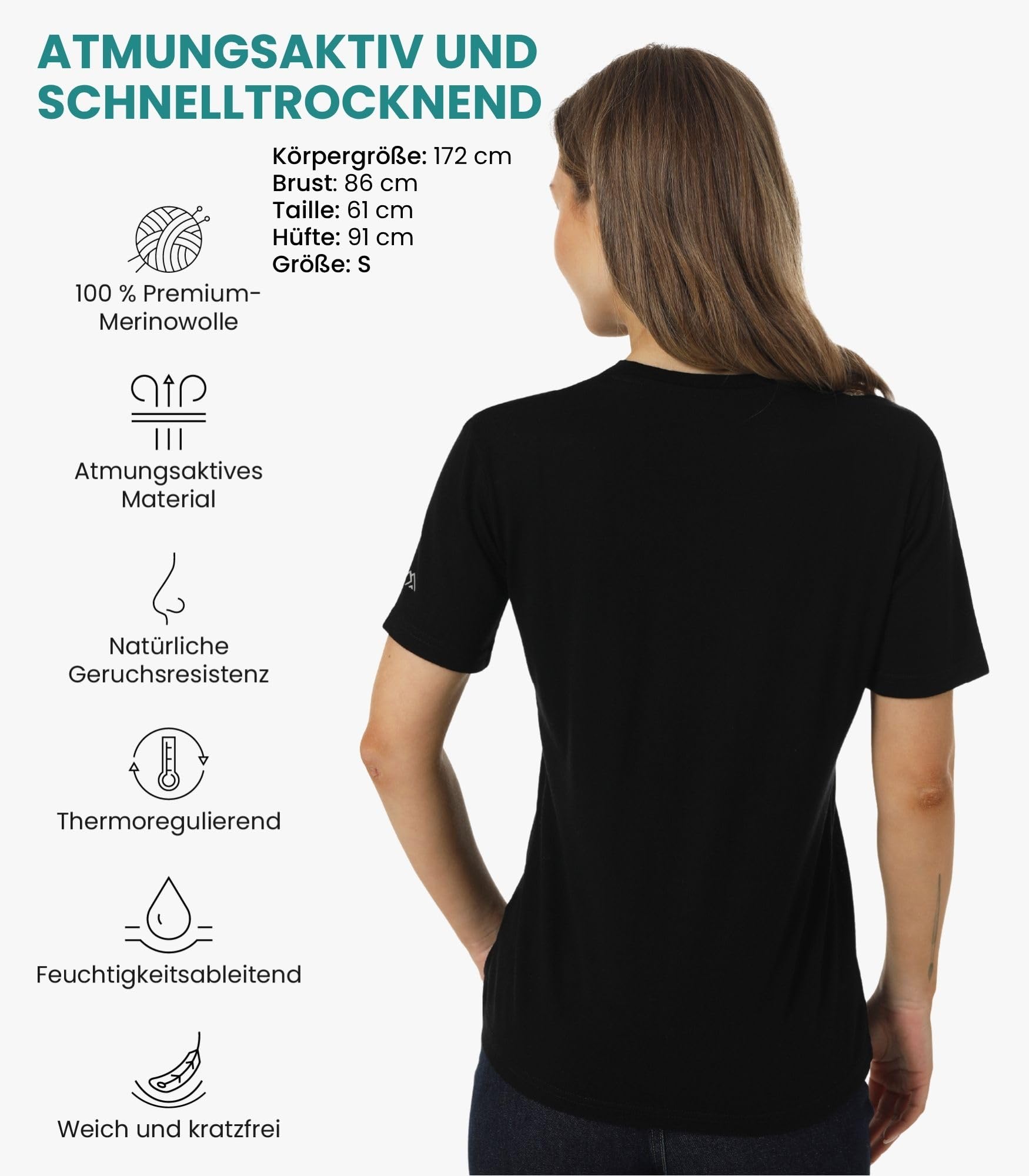 Merino.tech 100% Merino T Shirt Damen - Merinowolle Sport Wandern Thermoshirt Damen + Wandersocken (Medium, Black Crewneck) 2