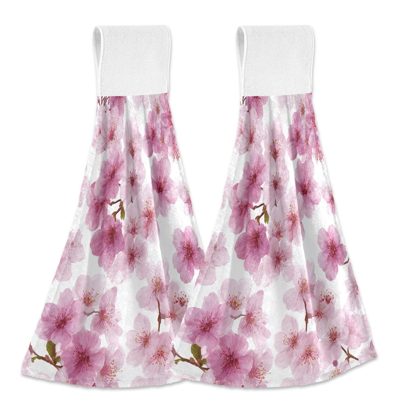 Cherry Blossoms Flowers Hanging Kitchen Towels 2 Pieces Spring Pink Floral Dish Cloth Tie Towels Hand Towel Tea Bar Towels for Bathroom Farmhouse Housewarming Tabletop Home