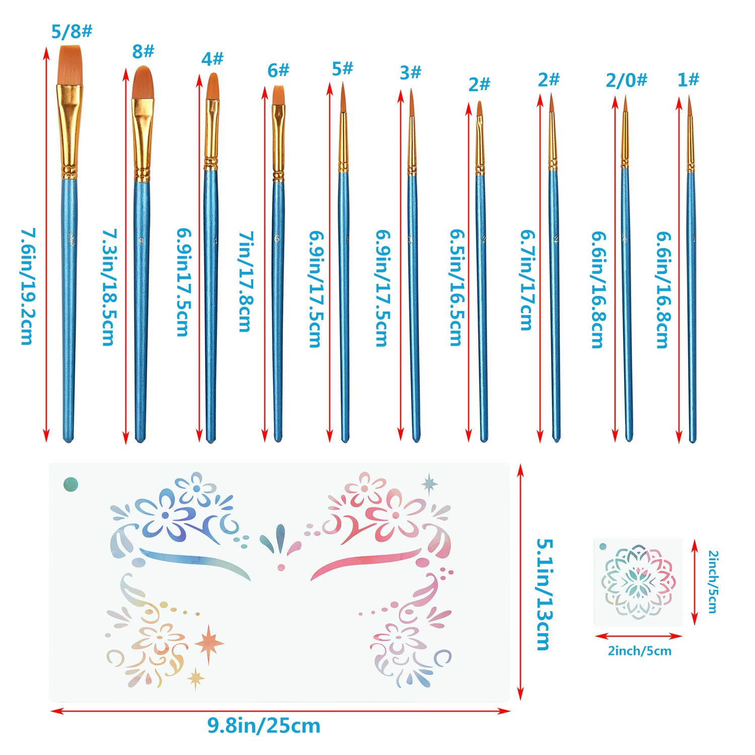 LLGLTEC 13 Pieces Face Painting Stencils Kit Reusable Face Paint Stencils for Face Art, Halloween Makeup with 10 Pieces Round Pointed Tip Nylon Hair Brush Set, 5 Pieces Mandala Dot Painting Stencils