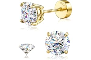 GEMQUEEN Moissanite Earrings Studs : D Color VVS1 Hypoallergenic 14K Gold Plated Flat Back 925 Sterling Silver Earring for Women Men Cartilage Helix Conch Piercing Jewelry Brilliant Round Cut 2-3CT