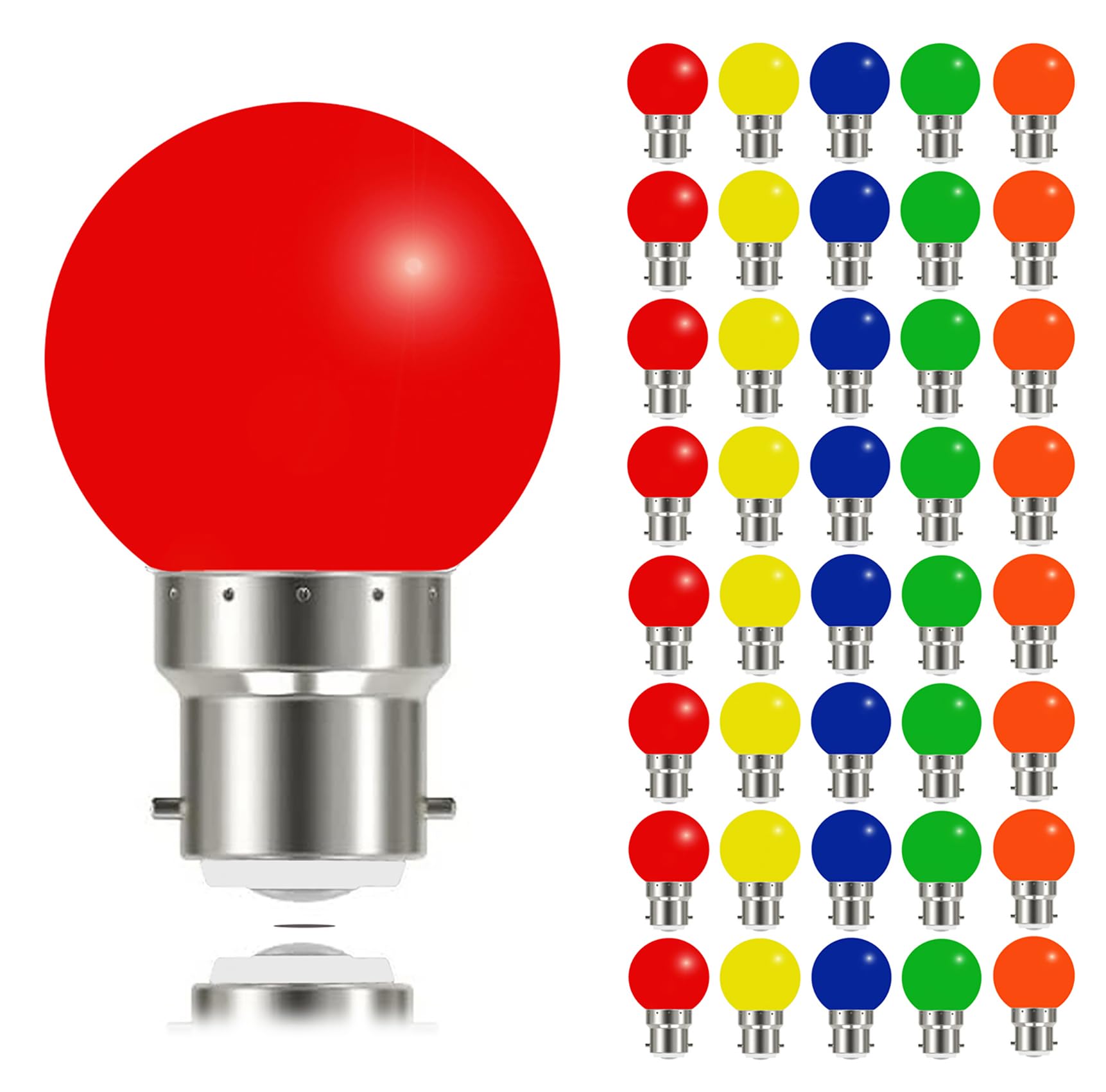 40 Pack Coloured Light Bulbs Bayonet B22 3W, Not dimmable, Garden Light Bulb, Multicoloured Bulb for Outdoor Indoor String Wedding Party Bar Mood Ambiance Decor (Red Yellow Blue Green Orange)