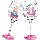 Funnymoom Hand Painted Wine Glass 21st Happy Birthday Cup 15 oz Personalised Birthday Gift for Him Women Friends Family(Pink)