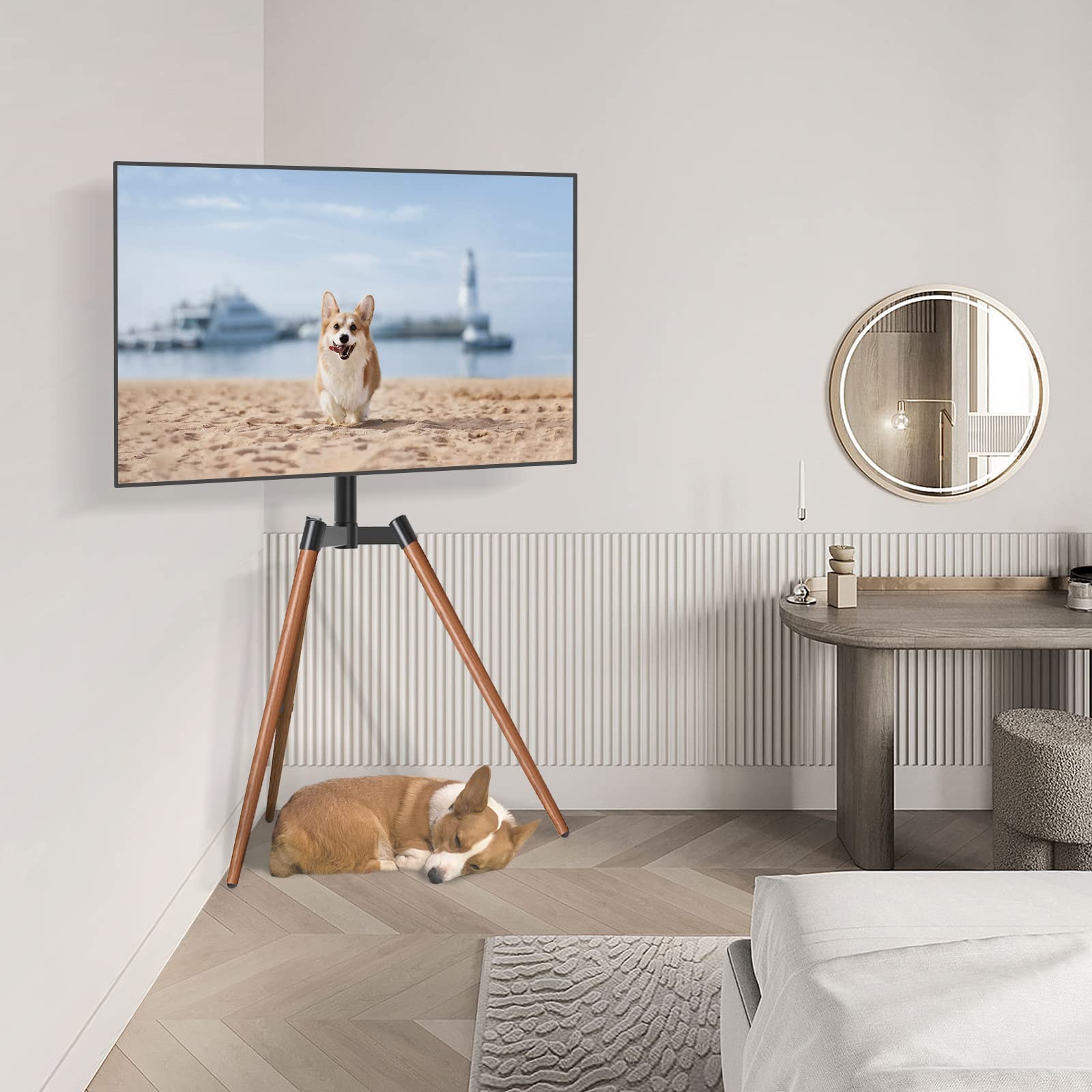TVON Easel TV Stand with Tripod Base for 37–65 Inch Flat/Curved Screen TVs up to 77 lbs, Height Adjustable TV Floor Stand with Cable Ties and 100° Swivel for Bedroom, Living Room, Studio, Brown