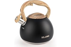 Tea Kettle, BELANKO 102 OZ / 3 Liter Whistling Tea Kettle, Tea Pots for Stove Top Food Grade Stainless Steel with Wood Pattern Handle, Loud Whistle Kettle for Tea, Coffee, Water, Milk - Black