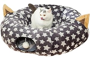 LUCKITTY Large Cat Tunnel Bed Under Christmas Tree with Fluffy Toy Balls, Small Cushion and Flexible Design- 10 inch Diameter, 3 ft Length- Great for Cats, and Small Dogs, Gray Star Pattern