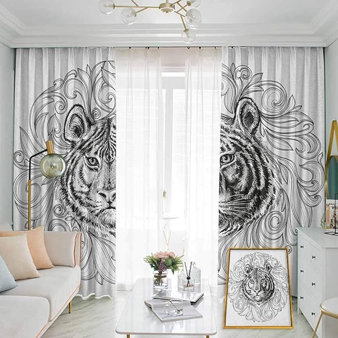 Cortina de gancho con diseño abstracto de tigre en blanco y negro