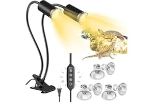 Glovv Reptile Heat Lamp with Clamp, 6 Pack Turtle Heat Lamp UVA/UVB Light 25/50/75w Dual Headed 360° Rotatable Timing & Dimming for Bearded Dragon, Lizard, Turtle, Snake, Aquarium(E26,110V)