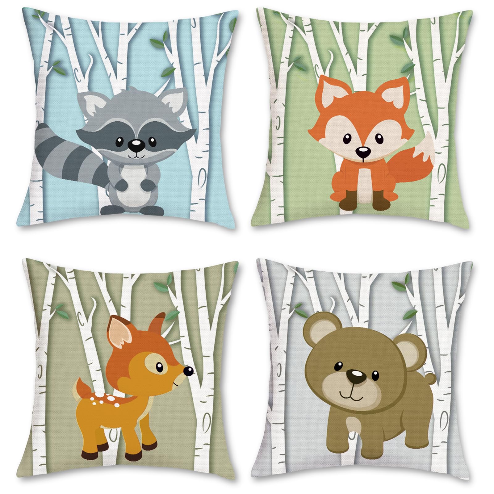 Bonhause Animals Cushion Covers 45 x 45 cm Deer Fox Birch Tree Decorative Throw Pillow Covers Polyester Linen Pillowcases for Childrens Bedroom Indoor Outdoor Decor Set of 4