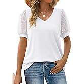 Aokosor Womens Summer Tops V Neck T Shirts Swiss Dot Puff Sleeve Tops Loose Casual Tshirts