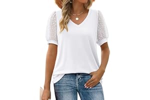 Aokosor Womens Summer Tops V Neck T Shirts Swiss Dot Puff Sleeve Tops Loose Casual Tshirts