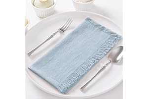 DeZerlor 12 Pack Gray Blue Cotton Linen Napkins with Fringe Soft Boho Cloth Napkins Set of 12 Handmade Dinner Napkins Bulk for Wedding Bridal Baby Shower Daily Use, 17 x 17 Inches