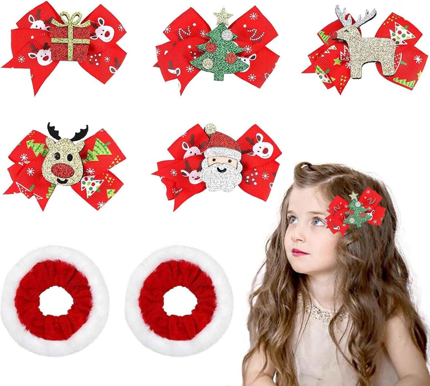iwiio 7Pcs Christmas Hair Accessories - Christmas Hair Clips with Hair Scrunchies, Christmas Tree Santa Reindeer Hat Hair Clips for Kids Gifts