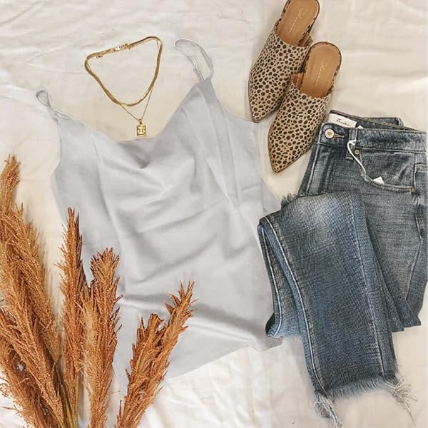 AOULAYDO SILK SLEEVELESS CAMISOLE TOPS COWL NECK CAMIS SATIN TANK TOP LOOSE FIT SPAGHETTI STRAP CAMISOLES BLOUSES LIGHT GREY