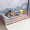 Twin Floor Bed with Safety Guardrails for Kids, Montessori Inspired with Rails and 2 Openings, Twin Size Bed Frame for Girls and Boys - Pink