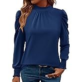 LUYAA Puff Long Sleeve Shirts for Women Tops Dressy Casual Frill Mock Neck Smocked Cuffs Blouses