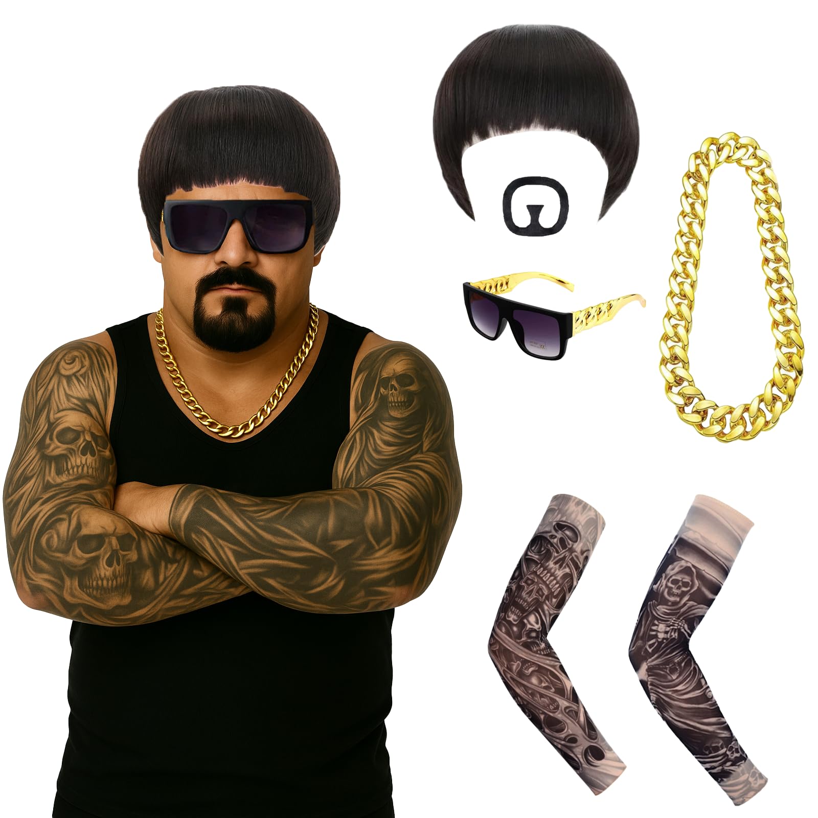 SSKHE Final Boss Meme Costume Set, Bowl Cut Wig, Goatee Mustache, Sunglasses, Gold Chain & Tattoo Sleeves, Funny 90s Meme Cosplay Ibiza Outfit for Halloween Festivals Retro Rave Party Men Women