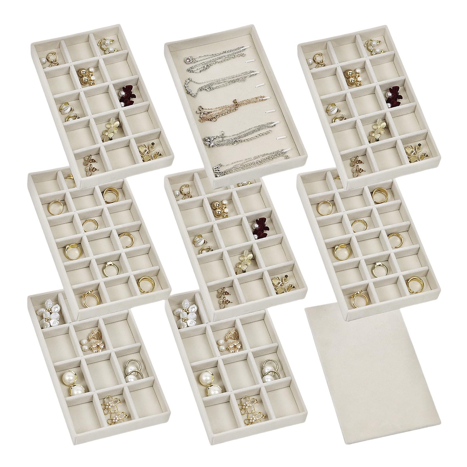 Photo 1 of Set of 8 Stackable Jewelry Organizer Trays with 1 Lid for Drawer & Dresser Organizer, Adjustable Velvet Jewelry Box Tray Earring Organizer Necklace Storage Ring Bracelet Display Case (Beige)